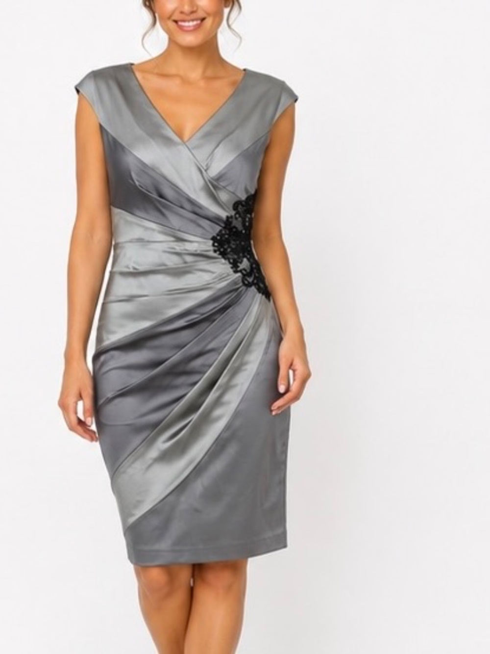 JAX Size 8 Gray Black Satin Draped Ruched Cocktail Party Dress